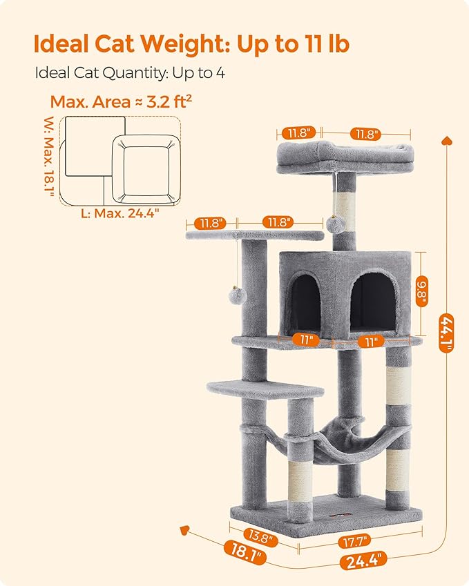 Feandrea Cat Tree, 44.1-Inch Cat Tower for Indoor Cats, Multi-Level Cat Condo with 4 Scratching Posts, 2 Perches, Hammock, Cave, Light Gray UPCT261W01