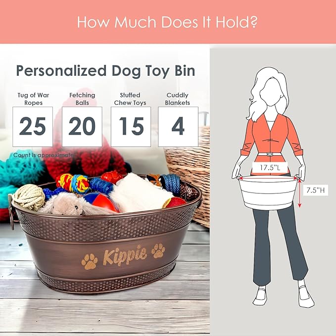 Personalized Metal Dog Toy Bin - Copper Galvanized Storage Bin with Handles, Basket for Pet Toys, Dog Toy Box, Pet Storage - Custom Dog Name Gift