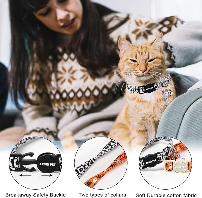 ARING PET 2 Pack Halloween Cat Collars, Breakaway Orange Black White Cotton Kitten Collar with Bells for Girl Boy Cats Ghost Spider Web