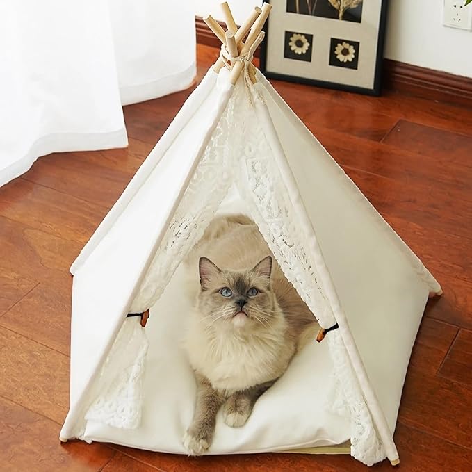 Cat Teepee Tent Bed,Outdoor Indoor Dog House,Portable Washable Pet Tent for Small Dogs with Cushion,Inside Pet Teepee for Small Medium Animals (White Lace, L)