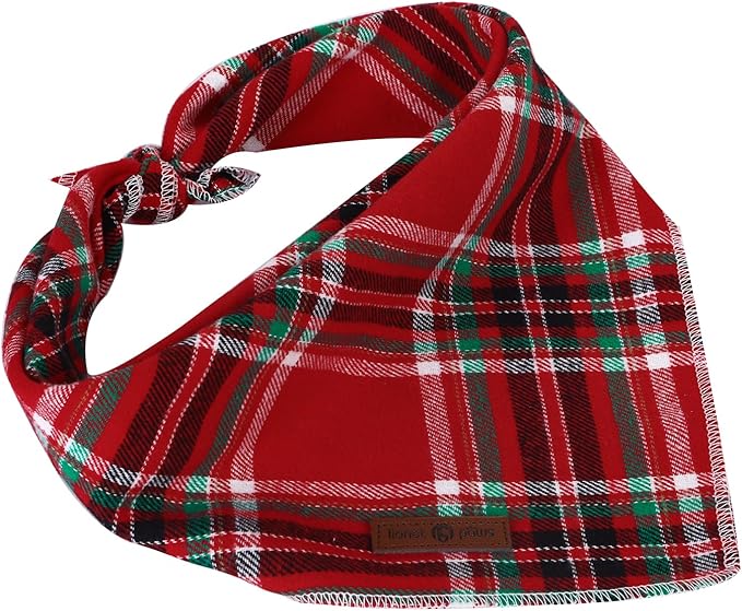 Lionet Paws Christmas Dog Bandana Washable Cotton Handkerchief Scarf Triangle Red Plaid Dog Bandanas for Small Medium Dogs Girl Boy