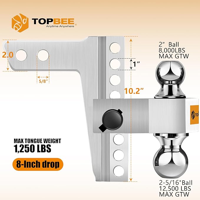 Aluminum Adjustable Trailer Hitch Fits 2-inch Receiver, 8-inch Drop, Solid Tube Hitch -12,500 LBS, 2 and 2-5/16 inch Balls-312008
