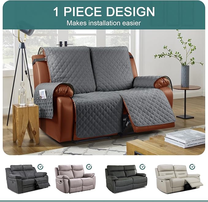 Ruaozz Waterproof Recliner Sofa Cover 1-Piece Couch Covers for Reclining Couches Reclining Sofa Cover Washable Furniture Protector with Elastic Straps Pocket for Kids, Pets (Dark Grey, XL 2 Seater)