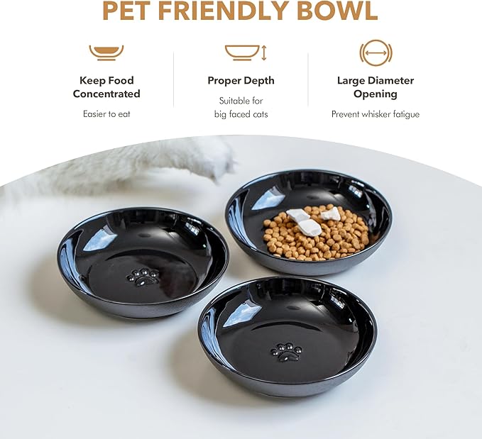 5.7'' Ceramic Wide Whisker Friendly Cat Dishes, Set of 3 Ceramic Cat Bowls, Indoor Kitten Feeding Food& Water Dish to Prevent Whisker Fatigue(3 Pcs, Black)