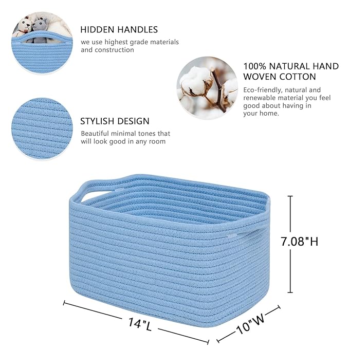 CubesLand Cube Storage Organizer Basket Bin, Cube Shelf Shelves Cotton Rope Basket, Durable Woven Rectangular Basket for Organizing, Nursery Toys Basket, 14x10x7.08IN Blue Basket