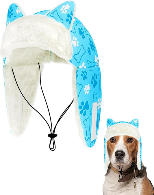 PET SHOW Dog Trapper Hat Winter Hat for Small Medium Dogs Warm Fleece Aviator Hats with Ear Flaps Adjustable Outdoor Boy Pet Pilot Costume Cap M-Blue Paw/Without Ear Holes