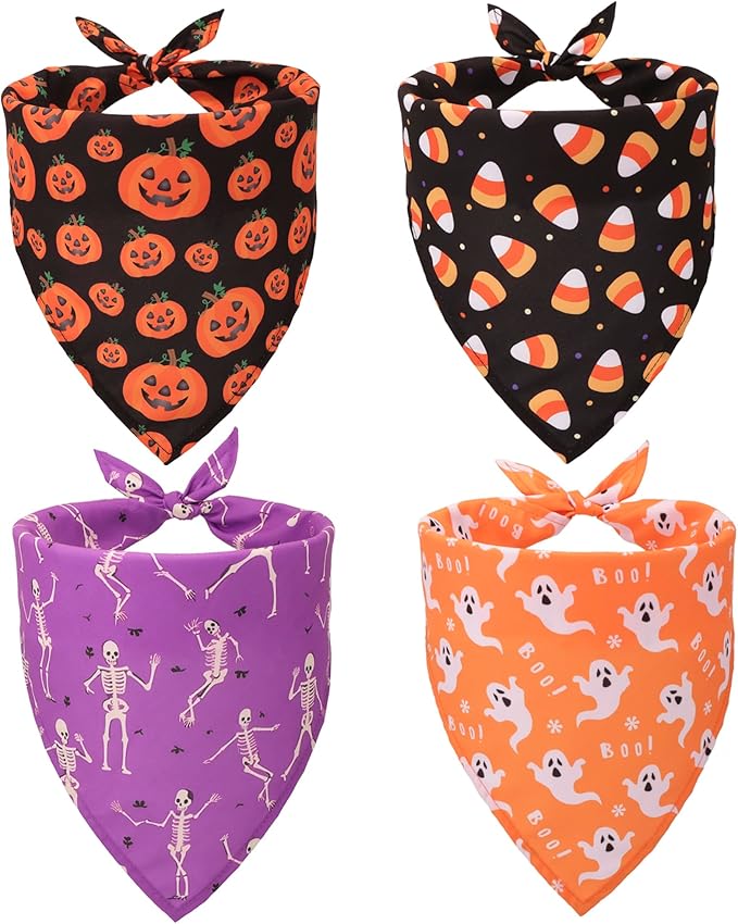 ADOGGYGO 4 Pack Halloween Dog Bandana, Pumpkin Ghost Dog Scarf Bib, Pet Halloween Bandanas Costume Accessories for Large X-Large Dogs (X-Large)