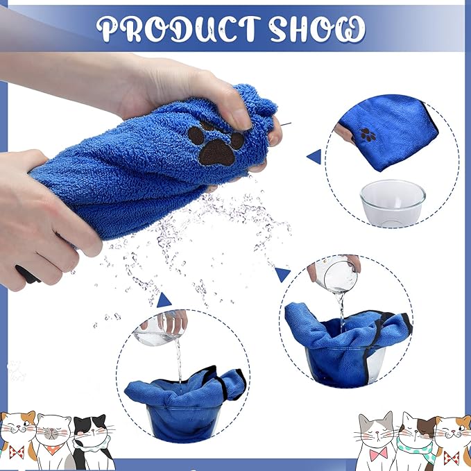 Tegeme 4 Pack Dog Towels for Drying Microfiber Soft Absorbent Pet Bath Towel Dog Drying Grooming Cloth with Embroidered Paw for Pet Cat Bathing Grooming(35 x 20 Inch,Deep Blue)