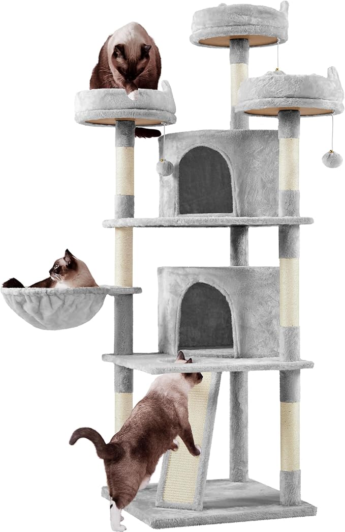 Yaheetech 68.5in Cat Tree for Large Cats, Multi-Level Cat Tower with 3 Wide Perches, Large Condo, Stable Pet Play House w/Sisal-Covered Scratching Posts & Board, Light Gray