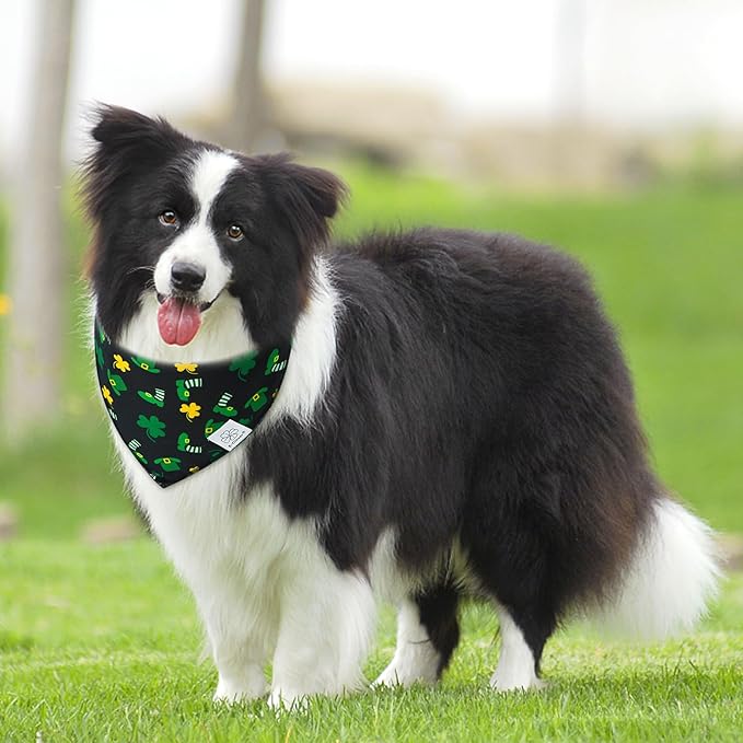E-Clover Dog Bandana Boy & Matching Scrunchie-Shamrock Dog Bandanas Irish Pet Scarf Bib for Medium Large Dogs Girl Owner Gift Dark Green
