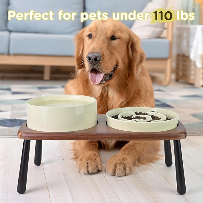SPUNKYJUNKY Ceramic Elevated Dog Bowls with Slow Feeder Raised Acacia Bamboo Wooden Stand, 8.3'' Dog Food Water Bowls Set Non-Slip for Medium Large Sized Breed Microwave Dishwasher Safe - Beige