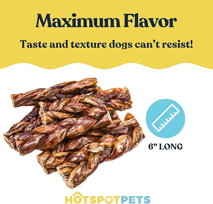 hotspot pets All-Natural Braided Beef Gullet Sticks (5 Pack) Grass-Fed, 6'' Braided Esophagus Jerky Treats - Rich in Glucosamine & Chondroitin for Joint Health – Rawhide-Free Dog Chews