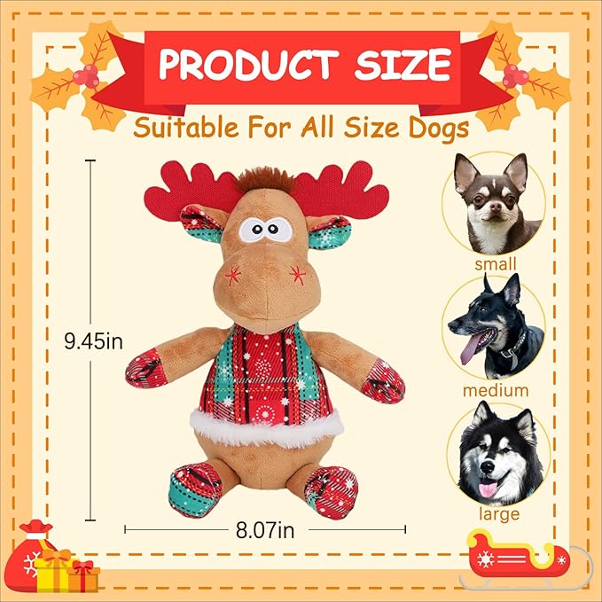 Rypet Christmas Reindeer Dog Toys Durable Plush Dog Toys with Crinkle Paper Interactive Dog Stuffed Squeaky Christmas Theme Toys for Puppy Small to Large Dogs Cleaning Teeth and Relieving Anxiety