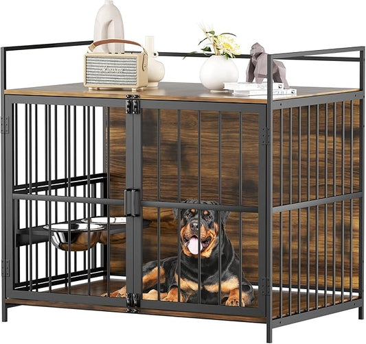 ROOMTEC Dog Crate Furniture-Style Cages for Large Dogs Indoor Heavy Duty Super Sturdy Dog Kennels with 2 Stainless Steel Bowls (48Inch = Int.dims: 46" W x 29" D x 35.5" H)