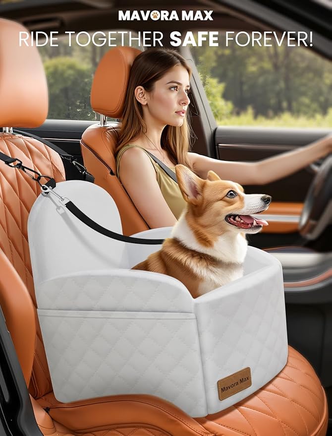 Dog Car Seat for Small/Medium Dogs, Elevated Dog Booster Seat Memory Foam Puppy Car Seat with Washable Cover, Travel Safety Pet Seat Bed for Car with Storage Pockets Up to 35 lbs (White)