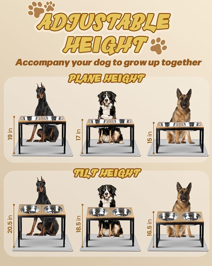 Elevated Dog Bowls Large Breed with Mat, 15"-20.5" H 4500ML Raised Dog Bowls for Large XL Dogs, Bamboo Bowl Elevated with Stainless Steel Bowl, Metal Stand Adjustable Dogs Feeder