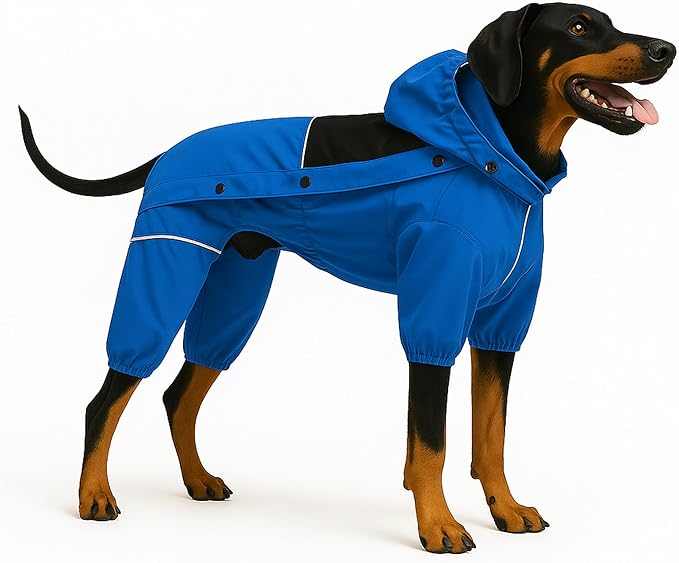 LOVELONGLONG Waterproof Dog Raincoat with Removable Hood – Outdoor Full Body Dog Jacket, Windproof Snowproof Shell Suit – All Season Pet Rain Gear Blue XXL