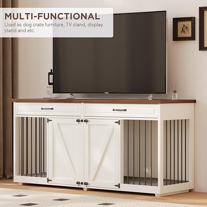 Dog Crate Furniture - Indoor Wooden Dog Kennel Furniture with 2 Drawers & Room Divider - 72" L x 23.6" W x 34" H - White