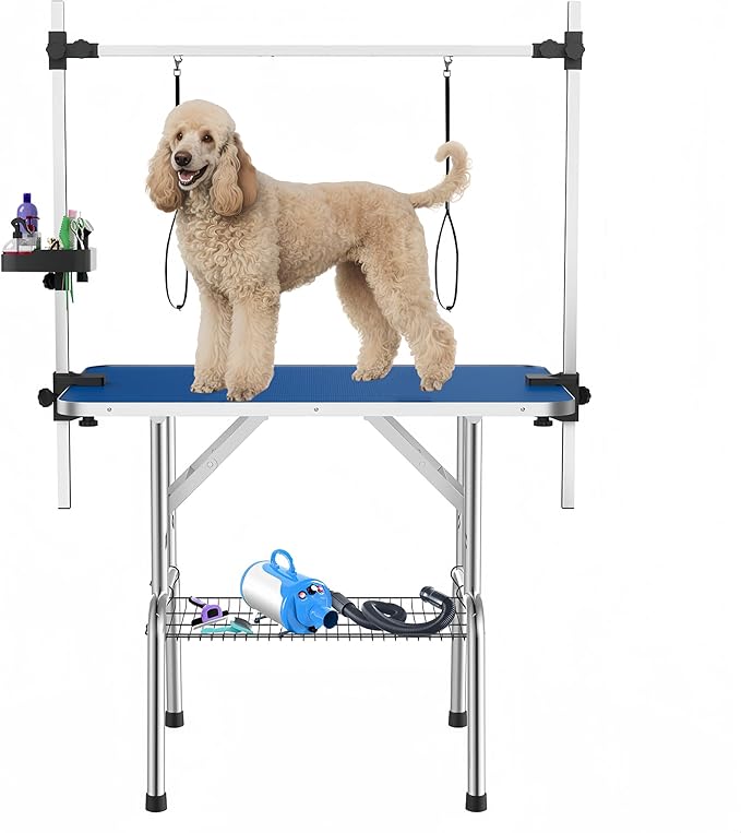 46" Large Dog Grooming Table, Non-Slip Tabletop with Adjustable Armrests, Lasso, Tool Organizer, Grid Tray, Foldable Home Pet Station, Maximum Weight Capacity 330 lbs,Blue