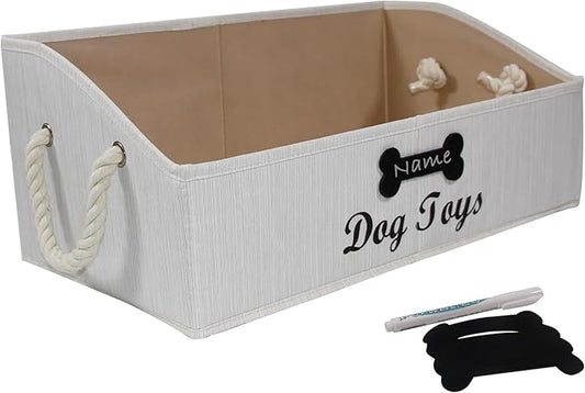 Trapezoid Fabric Dog Toy Basket with Rope Handle - Storage Organizer for Pet Toys - Personalizable - Beige
