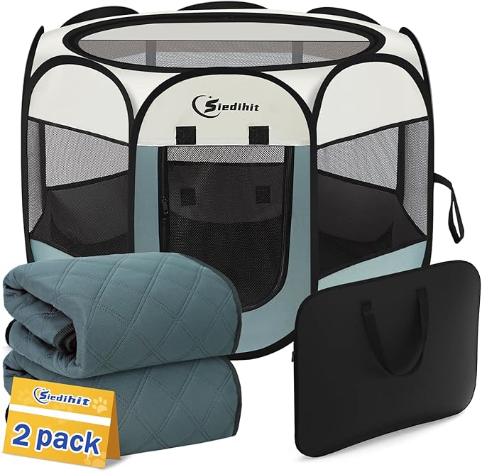 Dog Playpen with 2 Washable Pee Pad, Puppy Pet Cat Playpen Small AnimalsTent Crate Indoor/Outdoor, Portable Pop Up Kennel with Carrying Case(Grey with 2 Pads, Small)