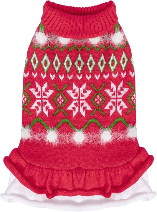 CuteBone Fancy Christmas Dog Sweater Dress, Soft and Stretchy Dog Clothes for Small Medium Dogs Girl, Christmas Snowflake Red Puppy Sweater Pullover Ruffle Dress Pet Outfit Cat Apparel