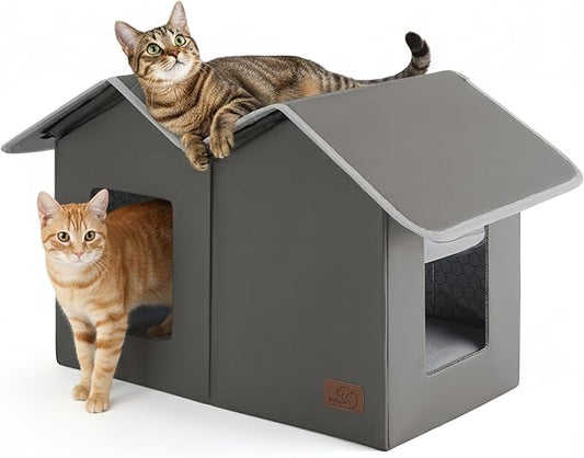 Bedsure Weatherproof Outdoor Cat House - Extra Wide Insulated Feral Cat Shelter with Raised Base in Winter, Waterproof Outside Pet Hideout for Stray Kitty, 22.5x12.5x13.25inches, Grey