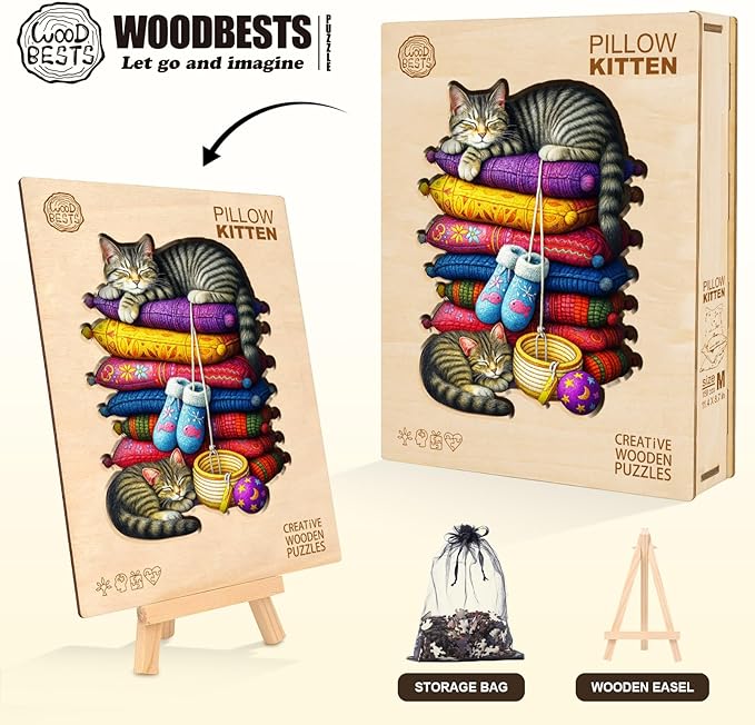 KAAYEE Wooden Puzzles for Adults, Pillow Kitten Puzzles, 150 Piece Unique Animal Shape Puzzle, Cat Wood Puzzle for Adults, Creative Gifts for Cat Lover/Friends/Family, Home Decor(11.4 * 8.7in)