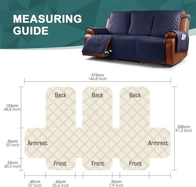 Ruaozz Waterproof Recliner Couch Covers 1-Piece Sofa Covers Washable Recliner Covers Non-Slip Furniture Protector with Elastic Straps Pocket for Kids, Pets(Dark Blue, 3 Seater)