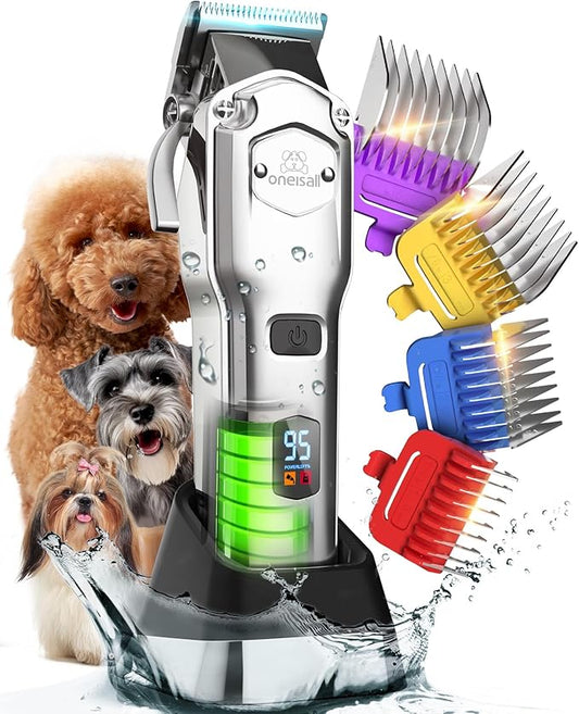 oneisall Dog Clippers for Grooming Thick Hair Professional,Cordless/Rechargeable Pet Grooming Kit with Detachable Metal Combs, Low Noise Heavy-Duty Pet Clippers for Thick/Curly/Fine/Wavy Hair (Sliver)