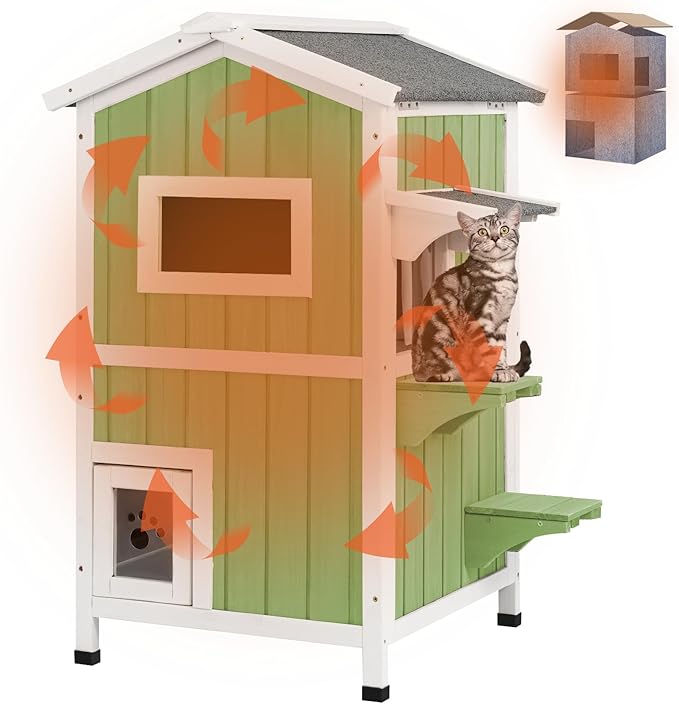 PetsCosset Insulated Cat House Outdoor Weatherproof All-Round Insulation Two Story Outside Wooden Feral Cat Shelter for Winter with 2 Escape Doors, Pull Out Floor and Openable Roof for Cats, Green