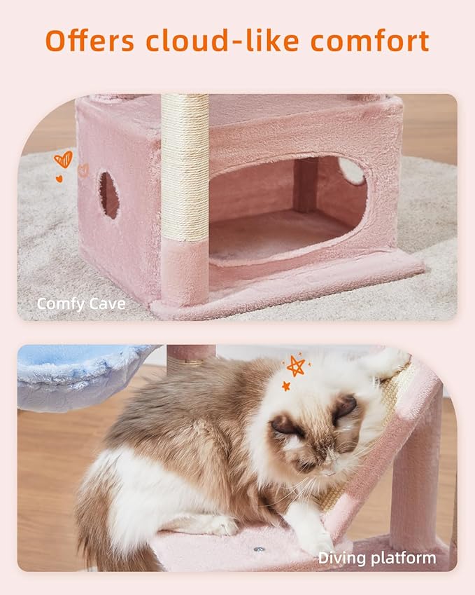 Taoqimiao Cat Tree,38.5-Inch Cat Tower for Indoor Cats,Suitable for Kittens with Luxurious cat condo with Adjustable Baskets and Luxurious Perch MS029SPB Pink and Blue