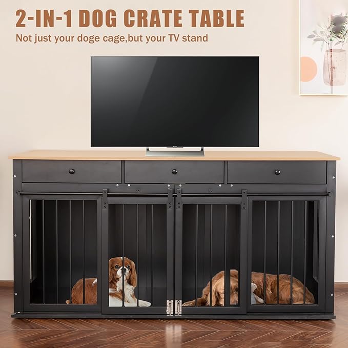 Sunseen Dog Crate Furniture Large Breed Wooden Dog Kennel with Room Divider & 3 Drawer,Double Doors Heavy Duty Dog Crate End Table Indoor TV Stand for Small Medium Large Dog Black,72''W*24''D*35''H