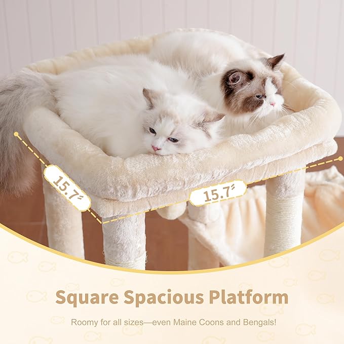Heybly Heavy Duty Cat Tree, Tower for Indoor Cats Large Adult, Tall Cat Condo House with Extra-Large Baseboard, Multi-Level Plush Furniture with Scratching Posts, Hammock,Toy Balls, Beige HCT026M