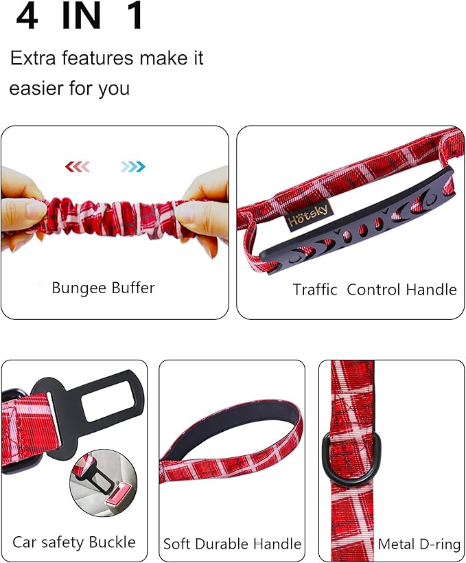 Hotsky Tactical Dog Leash Heavy Duty for Medium Large Dogs That Pull,4-6Ft Strong Bungee Shock Absorbing No Pull Dog Leash with Padded Double Handle and Car Seatbelt,Redplaid