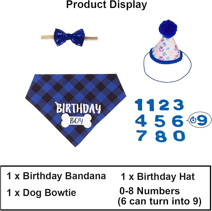 ADOGGYGO Dog Birthday Party Supplies, Pet Party Hat with Numbers, Bow, Blue Plaid Birthday Boy Bandana for Extra Large Dogs (X-Large)