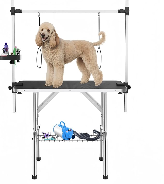 46" Large Dog Grooming Table, Non-Slip Tabletop with Adjustable Armrests, Lasso, Tool Organizer, Grid Tray, Foldable Home Pet Station, Maximum Weight Capacity 330 Ibs,Black