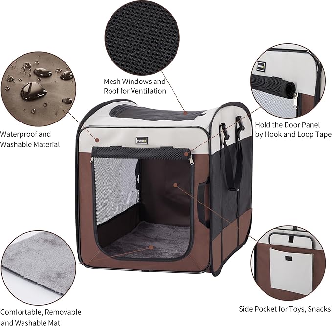 DONORO Dog Kennels and Crates for Medium Dogs, Portable Pop Up Indoor Pet Cage with Sturdy Wire Frame, Collapsible Travel Crate Soft Sided Cat Bag Escape Proof (Brown, 32.0" L x 21.0" W x 26.0" H)