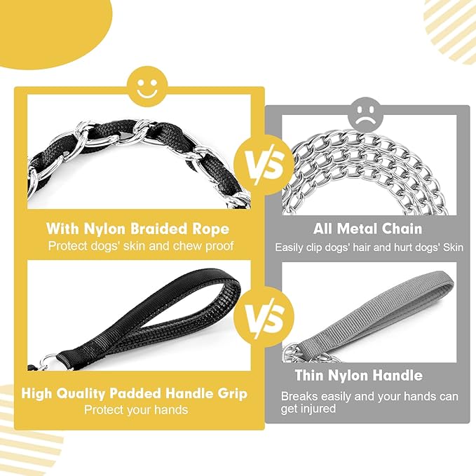 Heavy Duty Metal Dog Chain Leash with Comfortable PU Leather Padded Handle, Chew Proof for Medium Large Pooch Walking Training (4ft 3.5mm Black)