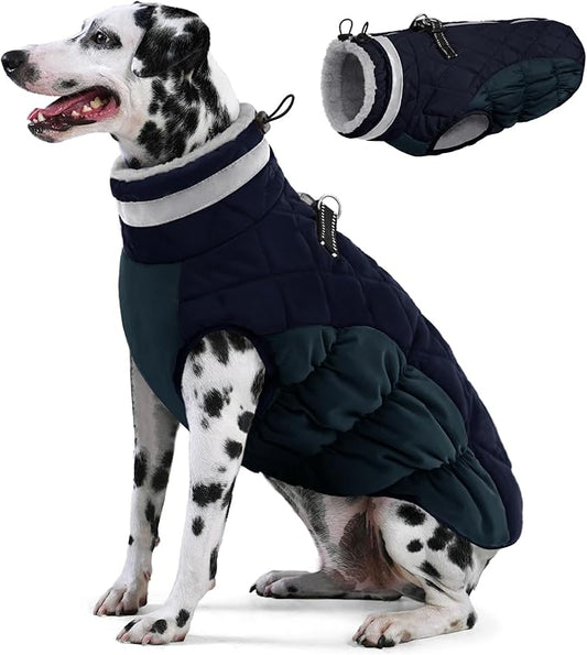 AOFITEE Dog Coat, Warm Dog Jackets for Large Dogs, Reflective Turtleneck Dogs Winter Coat with Harness Built in, Waterproof Windproof Pet Snow Jacket Fleece Vest for Cold Weather, Navy XXL