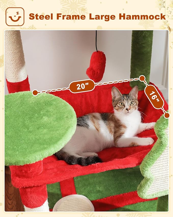 Cat Christmas Tree for Indoor Cats – 56.3“ Cat Proof Christmas Tree Tower with Large Hammock, 3 Scratching Posts & 3 Christmas Toy Balls – Holiday Cat Tree with Festive Decor, Christmas Red