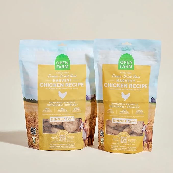 Open Farm, Freeze Dried Raw Dog Food, Patties with 95% Meat, Organs & Bone, Complete Meal or Freeze Dried Dog Food Mixer, Chicken Recipe, 17.5oz Bag