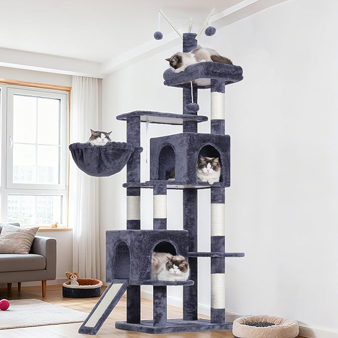 Hey-brother Cat Tree Tower, Sturdy Scratching Posts with Platform, Large Condos, Hammock, Removable Toys, Scratch Board, Multi-Level Furniture for Indoor Cats, 59.0 or 72.8 Inches, Smoky Gray MPJ055G