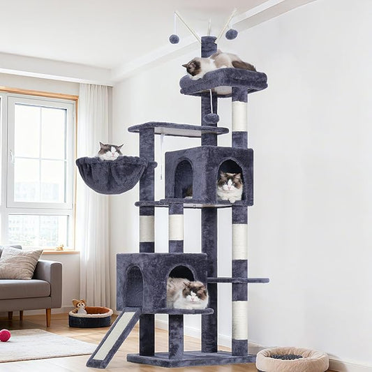 Hey-brother Cat Tree Tower, Sturdy Scratching Posts with Platform, Large Condos, Hammock, Removable Toys, Scratch Board, Multi-Level Furniture for Indoor Cats, 59.0 or 72.8 Inches, Smoky Gray MPJ055G