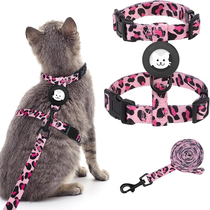BINGPET Cat Harness and Leash Set Escape Proof for Walking,Adjustable Kitten Harness with Airtag Holder for Small Medium Large Cats (Pink Leopard Print,Neck:8"-12",Chest:12.5"-18")