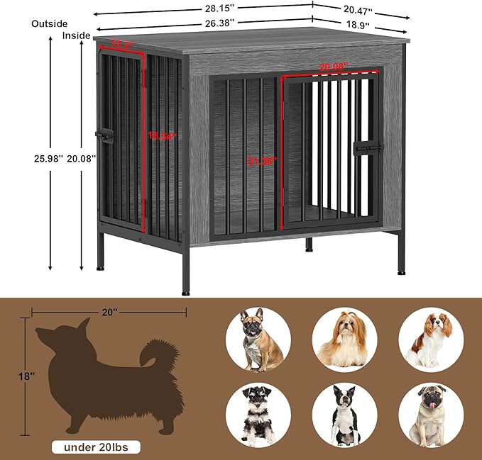 EasyCom Dog Crate Furniture for 1 or 2 Dogs, Heavy Duty Single/Double Dog Crates for Small/Medium/Large Dogs, Dog Kennel Furniture Indoor as TV Stand, Small Size 28.15" L(0-20 Pounds), Dark Grey