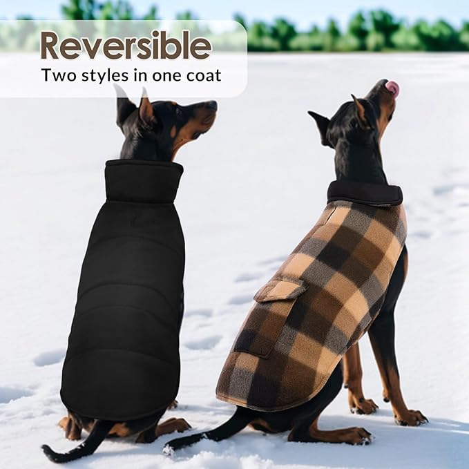 ASENKU Dog Winter Jacket Plaid Reversible Vest, Waterproof Dog Coat for Cold Weather, Perfect for Small to Large Dogs (Coffee, 2XL)