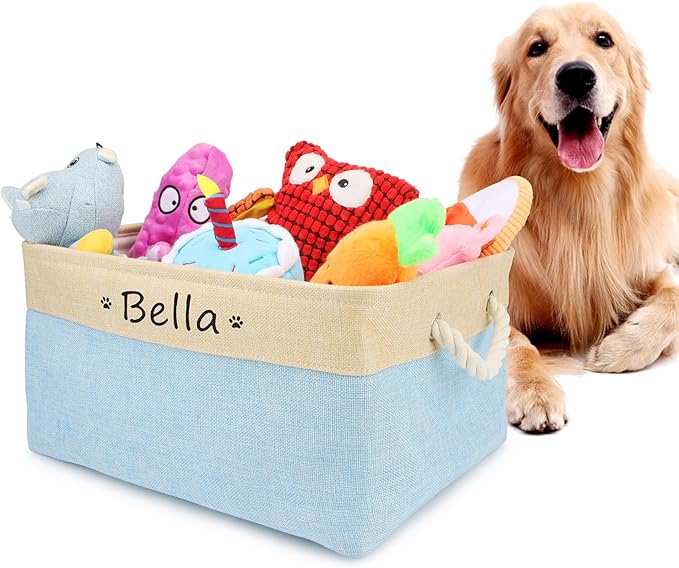 Personalized Dog Toy Box, Dog Toy Basket Storage with Cotton Handle, Customized Name and Paw Heart Print Puppy Toy Bin for Organizing Food Clothes and Pets Accessories(Paw Light Blue)