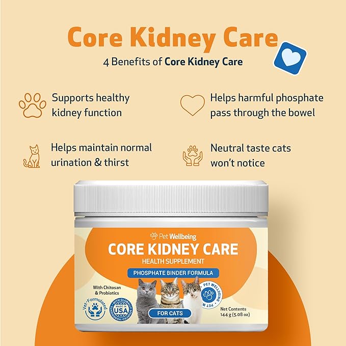 Pet Wellbeing Core Kidney Care for Cats - Daily Phosphate Binder, Supports Healthy Kidney Function with FOS, Chitosan, Probiotics - Veterinarian-Formulated 5.08 oz (144 g) Powder