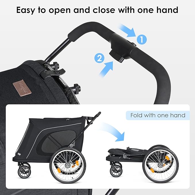 R8 Pro Extra Large Foldable Pet Stroller, Dog Stroller & Pet Trailer for Large Dogs Under 100 lbs, Unmovable, Disabled & Pregnant Dogs - Conveniently Carriable by Bike and Car, Black